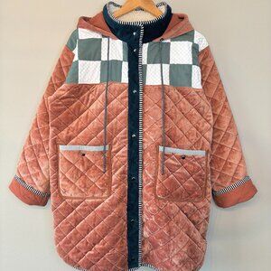 Skate Parka Jacket Quilted Coat Handmade Hood Long Pink Green Checkered Medium